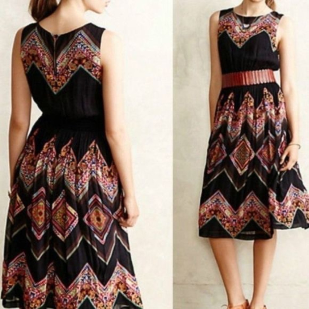 Tanvi Kedia Anthropologie Patchwork Embroidered Chevron Midi Boho Dress Sz 2